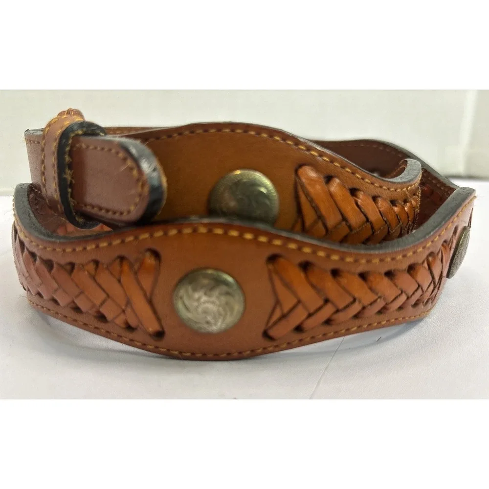 New MEF Western‎ Belt Womens 30 Sm Brown Leather Medallion Braided Southwestern